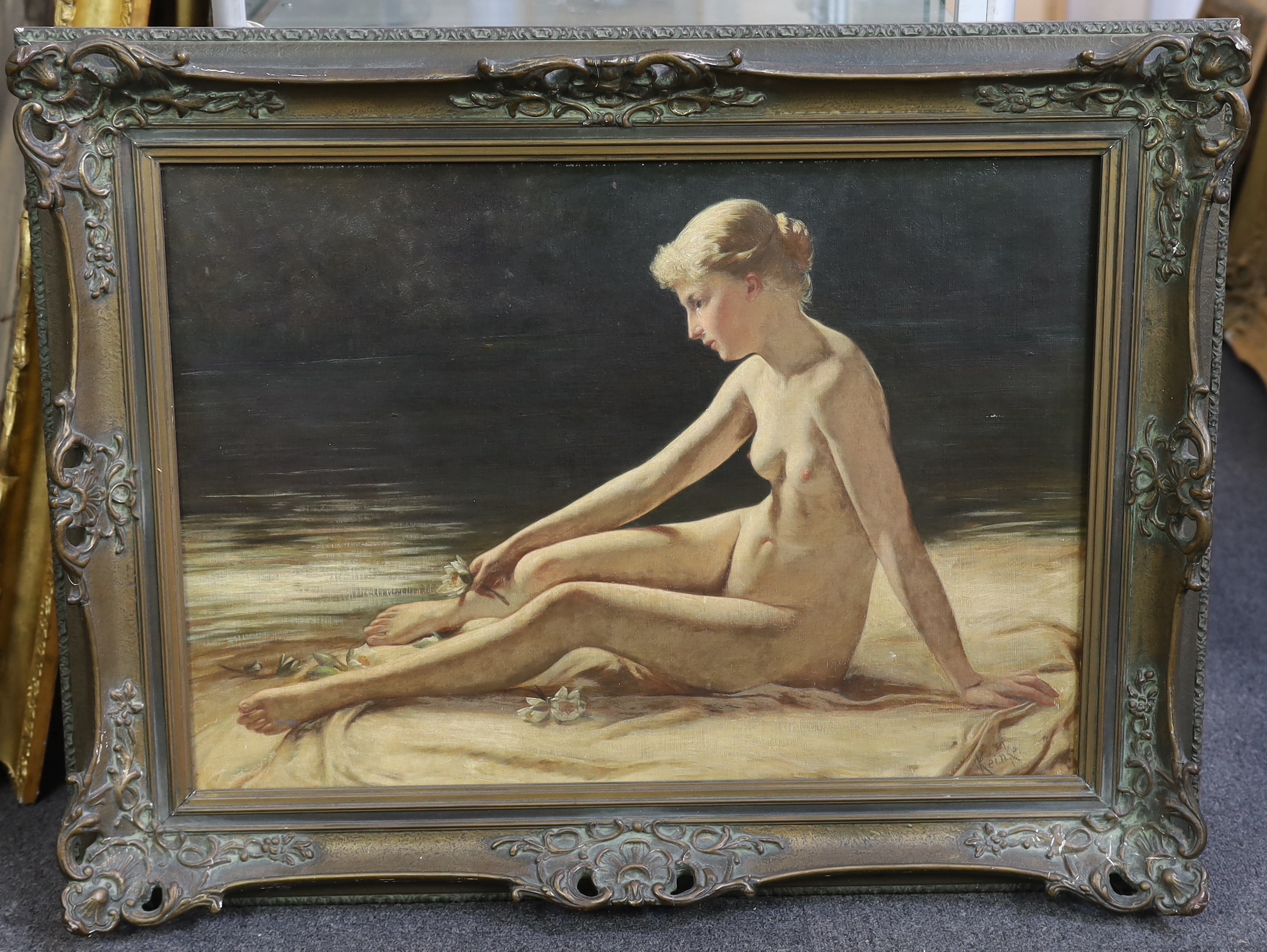 Karl Keinke (German, b.1852), 'The Bather', oil on canvas, 52 x 72.5cm